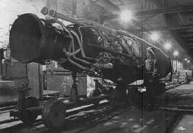 V-2 rocket assembly line in the underground Mittelwerk factory, photographed by U.S. forces after liberation in April 1945