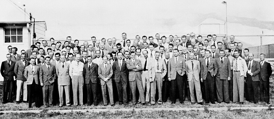 Group of 104 German rocket scientists at Fort Bliss, Texas, 1946, including Wernher von Braun, Ludwig Roth and Arthur Rudolph
