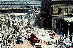 The collapsed facade of Bologna Centrale railway station after the 2 August 1980 bombing