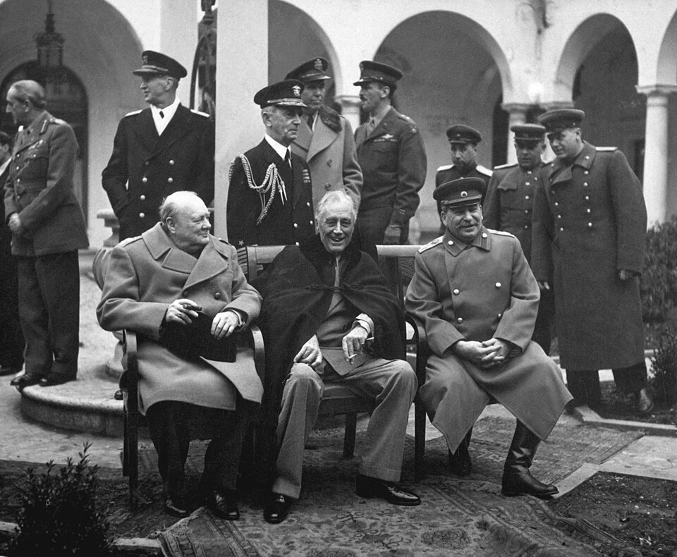Yalta Conference 1945 – Churchill, Roosevelt and Stalin signing the secret repatriation agreement