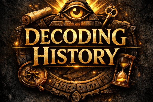 Decoding History logo featuring a golden all-seeing eye pyramid with compass, hourglass, scroll, and key against a dark cracked stone background.